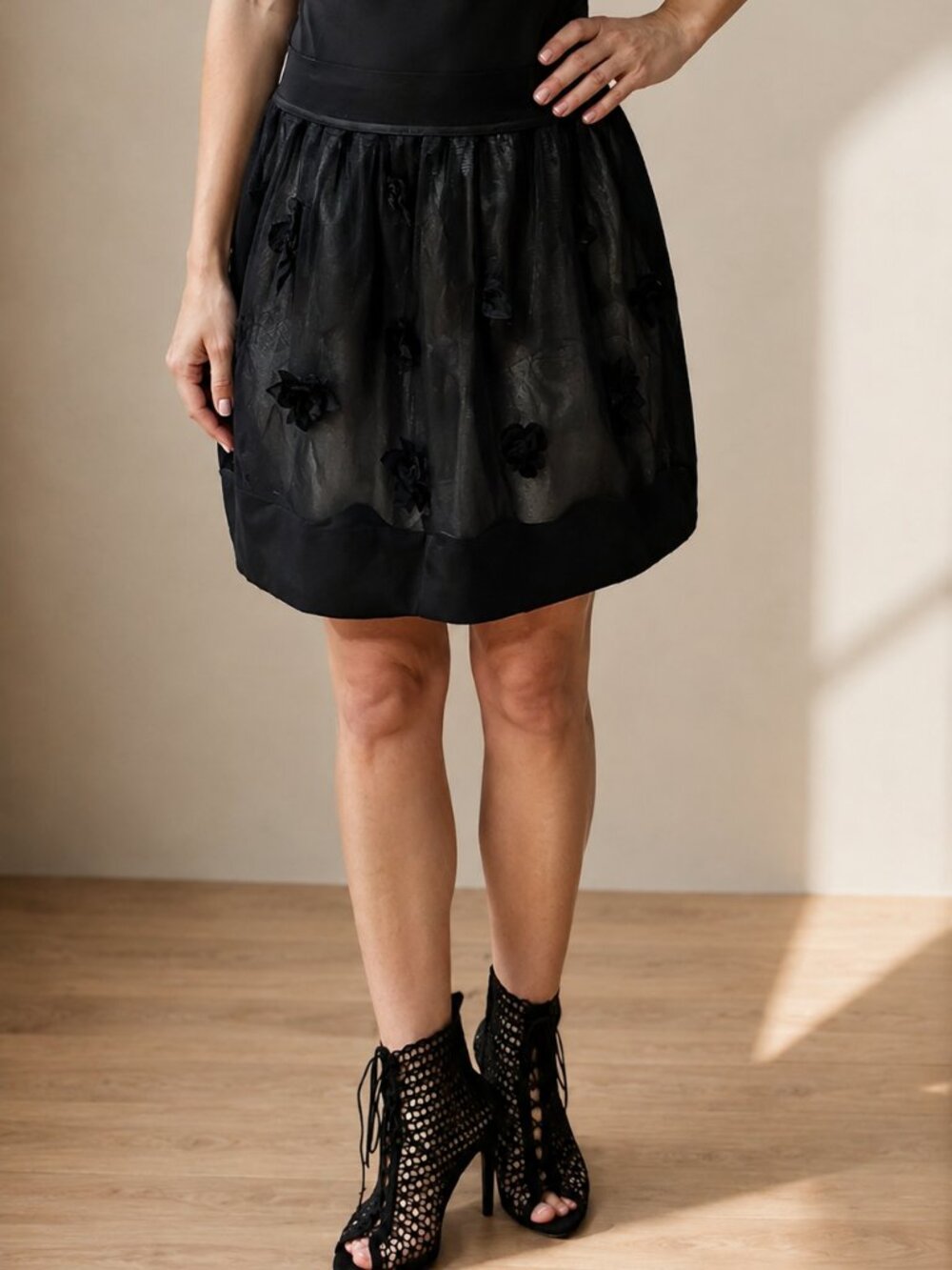 Rinascimento Black Mesh Floral Skirt – Made in Italy – Size M/L